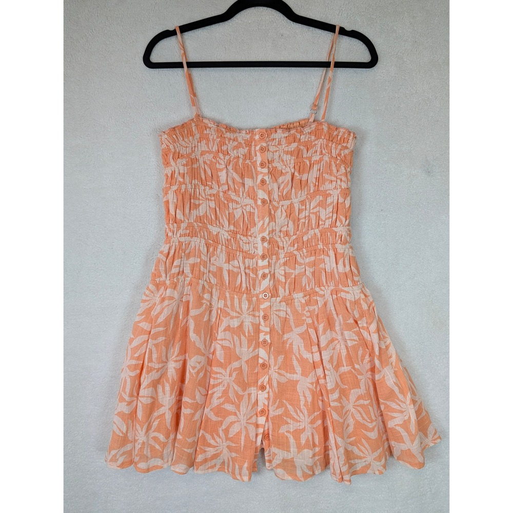 Sky to Moon Peach Tropical Palm Leaf Smocked Button Down Mini Dress Medium